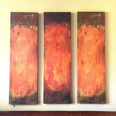  Wall Art Three Paneled Stretched Canvas Paintings From The Great Indoors!- Warms Reds and Yellows 15" x 50" Each