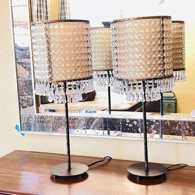 Beautiful 24-inch Pair of Cylinder Chandelier Table Lamps with Teardrop Baubles.