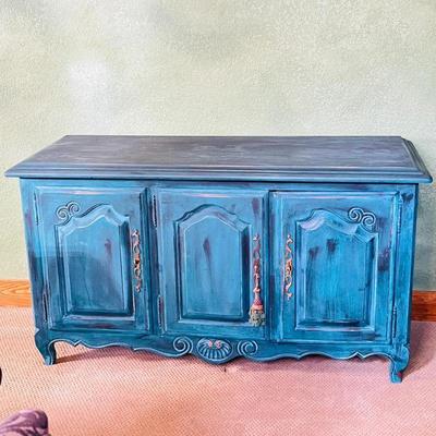 Ethan Allen Credenza Hand Painted In Fun Bright Blues (By Owner) - 54" x 20" x 31"H