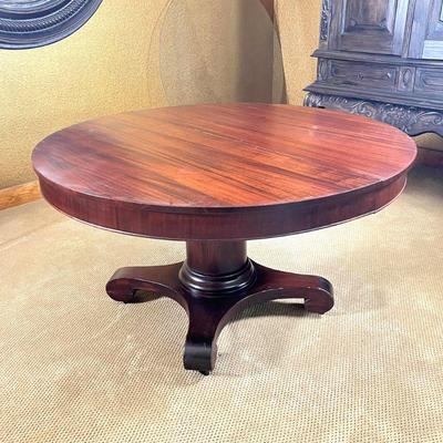 Antique Round Mahogany Pedestal Dining Table w/ Protective Glass Top 54" Diam x 29"H