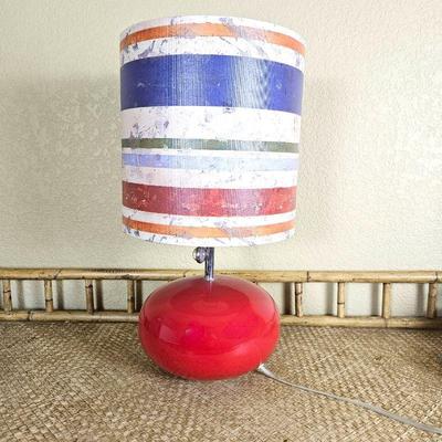Designer Retro Look Red Circular Table Lamp Base with Hand Painted Shade - Signed by Aaron Christenson