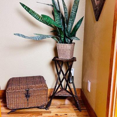  Decorative Home Accent Lot - Bamboo Table, Wicker Trunk, and Faux Plant