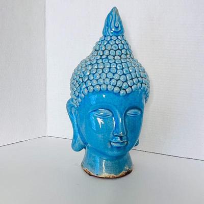 -Decorative Blue Buddha Head Statue - Cracked Glaze Finish