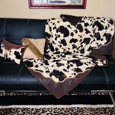  Hand Crafted Stylish Brown & Beige Cow Print Throw Blanket with Coordinating Pillows