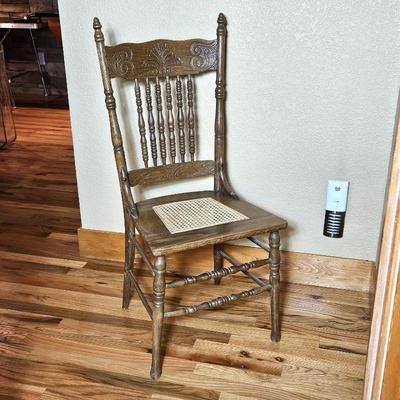 Antique Wooden Spindle Back Chair - Carved Back and Cane wicker Seat