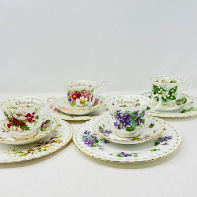ROYAL ALBERT Collector's Teacup Set - Monthly Floral Designs with Saucers