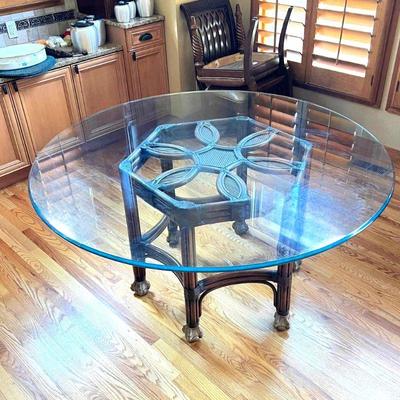 Beautiful Glass Top 60" Round Kitchen Dining Table w/ Exotic Bamboo and Brass Base on 4-Legs