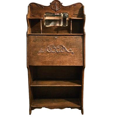  ANTIQUE 1910 Larkin Soap Co. Oak Fall-Front Secretary Desk and Book Shelf / Organizer with Mirror