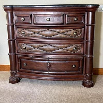 Exotic Wood/Leather Chest of Drawers with Black Marble Top Plus Lots of Textures & Detailing 
