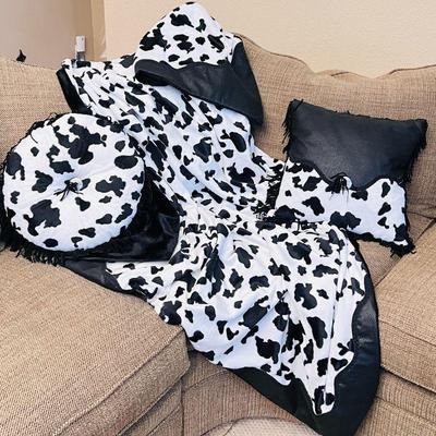 Hand Crafted Stylish Black & White Cow Print Throw Blanket with Coordinating Pillows