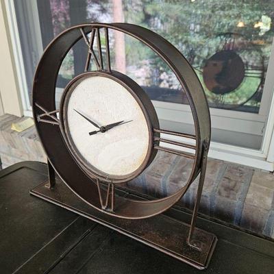 Industrial Style Steel Mantle Clock with White Plaster Face - Heavy Weight, Battery Operated 17" Diam 
