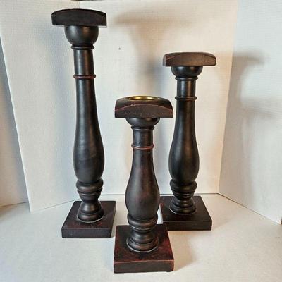 Three Heavy Weight Thick Pillar Candle Holders - Solid Wood w/ Brass Accents, from India 17", 21", 25"