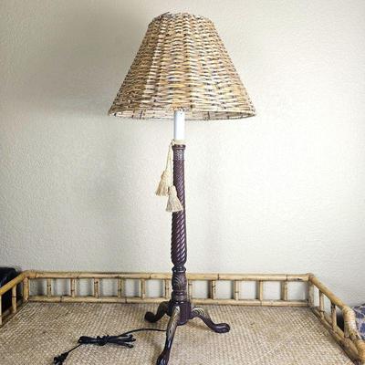  Decorative Table Lamp with Woven Wicker Shade and Elegant Carved Wood Base in Reddish Brown Tones 38"T 