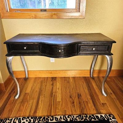 Unique Rustic Distressed Writing with Contemporary Solid Stainless Steel Queen Anne Style Legs - Two Drawers