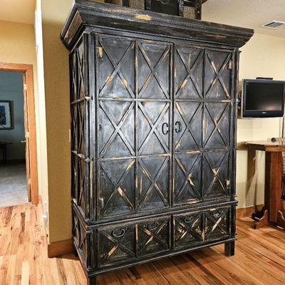  Very Large Impressive Distressed Black Pine Cabinet w/ Retracting Doors and Two Large Storage Drawers