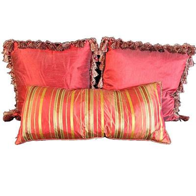 Down Feather Silk Pillows in Reds and Golds - Two 18" Squares w/ Tassels and One 25" Lumbar pillow