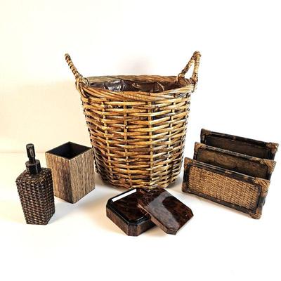 Wicker and Bamboo Lot - Large Basket, Pencil Holder, Mail Caddy, Soap Dispenser & Lacquer Ware Coasters 
