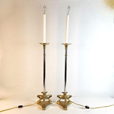 Set of Two Electric Taper Candles in Solid Brass Base and Chrome Stem - Each 31" Tall