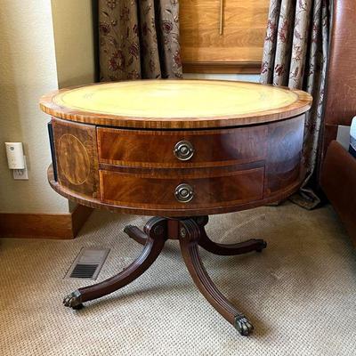 1930s Duncan Phyfe Style Leather Top Rotating Library Drum Table / Book Case w/ Burl Mahogany Accents