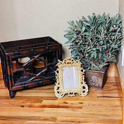 Vintage Home Décor Lot - Decorative Bamboo Stand, Ornate Gold Frame, Faux Olive Tree