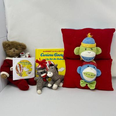 Collectors Stuffed Animal Lot - Rocco Bear, Curious George Book, Donkey Plushies & Pillows
