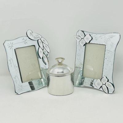Pair of Venetian Style Mirrored Glass Photo Frames & Pewter Container w/ Lid - Etched Floral Design