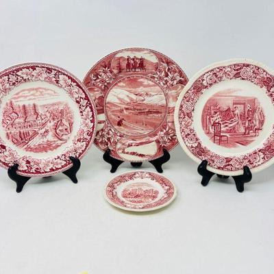 Vintage Transferware Plate Collection - Red Decorated Plates with Scenic Designs