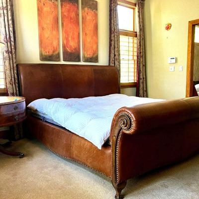 Stunning King Size All Top Grain Leather Sleigh Style Bed - Ornately Carved Wood Frame & Accents 