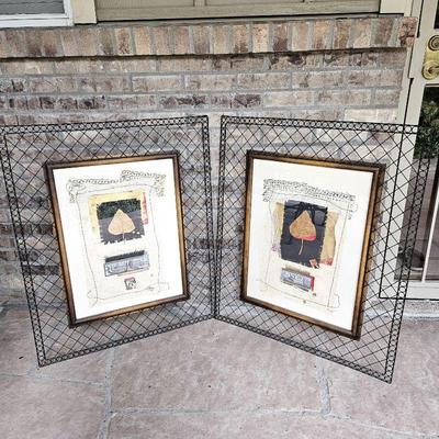 Set of Two Unusual Multi-Media Abstract Art Pieces Framed in Wire Mesh Frames Each 30" x 36"