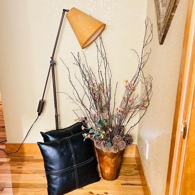  Home Decor Lot - Pottery Barn Floor Lamp, Decorative Branches in Copper Pot, and Black Pillows