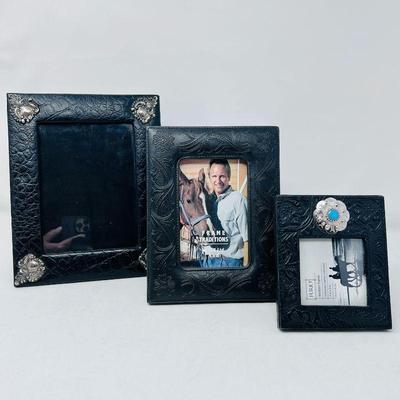 Western Style Black Leather Picture Frames - Three Decorative Frames with Silver Accents