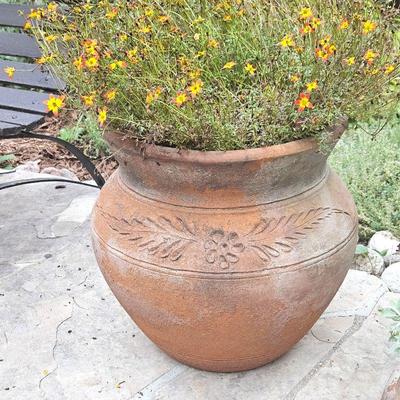 Large Decorative Mexican Terra Cotta Planter with Flowers 16"T