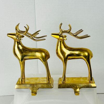 Set of 2 Brass Pottery Barn Merry Reindeer Stocking Holders