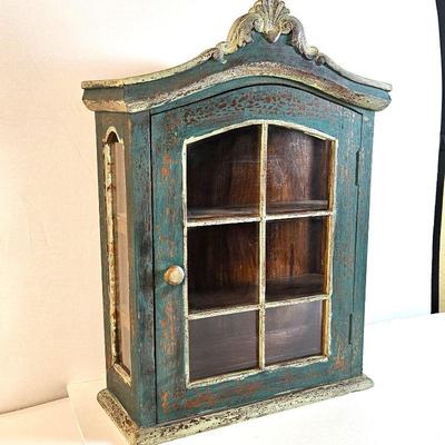 Vintage Charming Display Cabinet - Rustic green Distressed Finish with Glass Panels