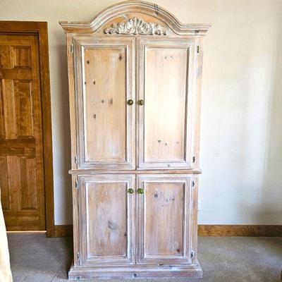 - Tall Whitewashed Pine Storage Cabinet with Upper and Lower Cabinets and Whimsical Green Glass Knobs