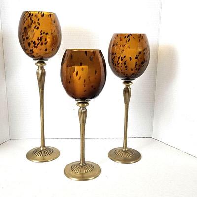 Set of Three Amber Glass Tortoise Shell-Look Stemmed Candle Holders w/ Brass Stems 13" - 16"