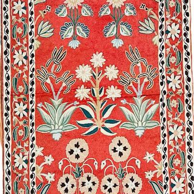  Vintage Embroidered Floral Rug/ Tapestry - Handmade Chainstitch Wall Art