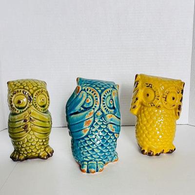 Collectors Ceramic Owl Lot - Hear No Evil ~ See No Evil ~ Speak No Evil in Green, Blue & Yellow Figurines