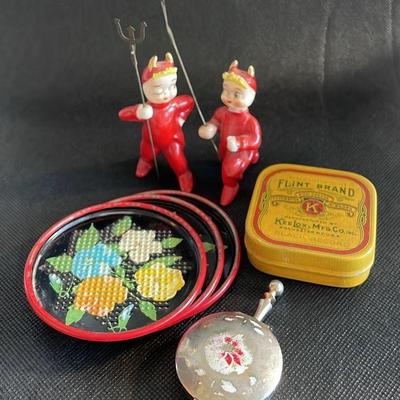 Vintage Curio Cabinet Treasures * Japan Red Devil Figurines * Flint Brand Typewriter Ribbon Tin Etc

