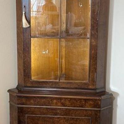 Antique Corner Glass Door Curio with Solid Door Cabinet Below
