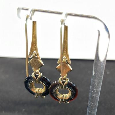14K Yellow Gold * Black Semi Precious Stone Likely * Pierced Drop Earrings
