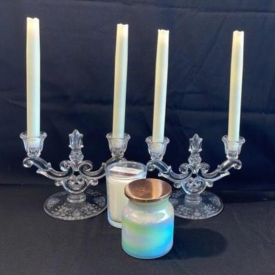 Vintage Etched Glass Double Candelabras * Battery Candle Sticks * New Jar Candles
