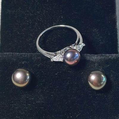 Pearl Earrings Sterling Silver Post * Pearl/Crystal Ring * Sterling Silver Size 7.5
