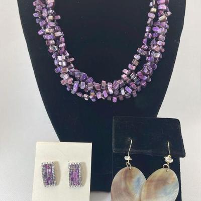 Coldwater Creek Purple Multi Strand Beaded Necklace * Purple Beaded Pierced Earrings * Shells Too
