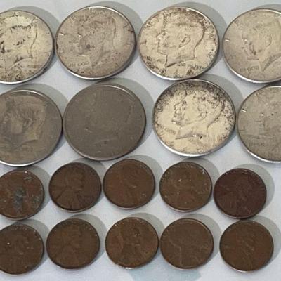 6 Kennedy 1964 Silver Half Dollars * Wheat Pennies * 2 Kennedy 1971 Half Dollars
