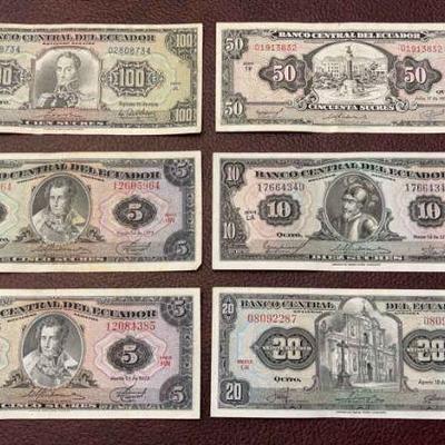 1970’s Banco Central Del Ecuador Paper Money * 6 Bills
