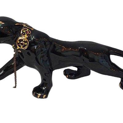 Large Mid-Century Ceramic Stalking Black Panther W/ Green Rhinestone Eyes, Gold Collar & Chain
