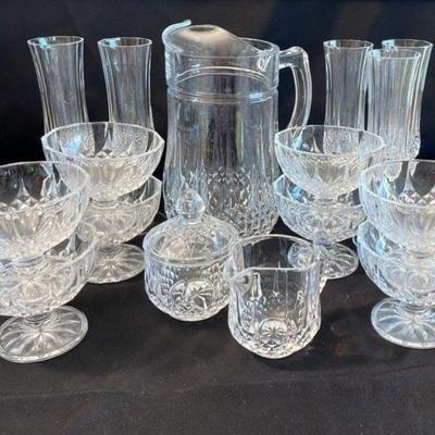 Cristal D’Arques Longchamp Crystal Pitcher * Flutes * Sherbets * Cream * Sugar * 16 Pieces
