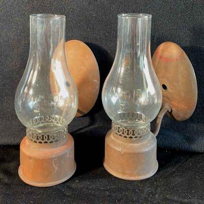 Two Antique Kerosene Wall Lanterns * Glass Shades
