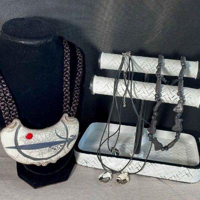 Asian Inspired Ceramic Pendant Necklace * Black Bead * Silver Tone Pendants Necklaces
